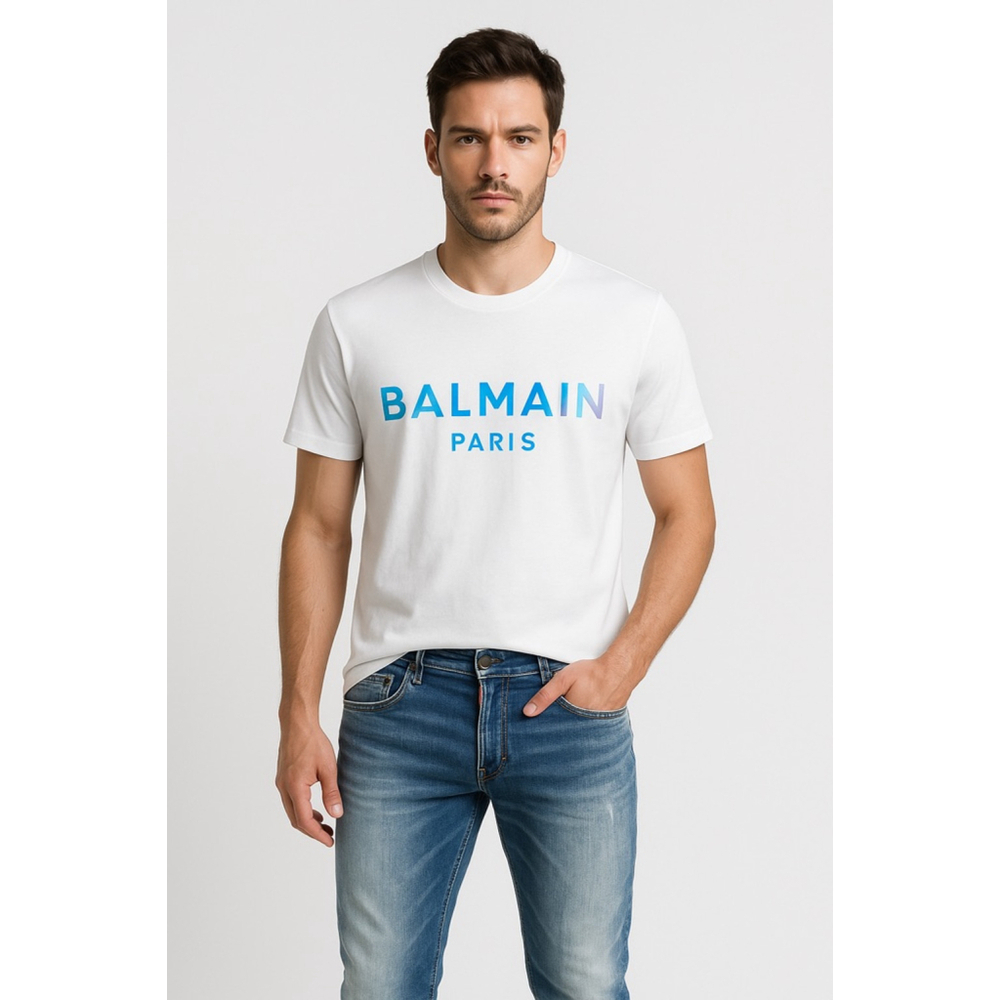 Balmain Paris Iridescent Logo Tee – White Cotton – Men’s Size L – PTP 21” | 28”